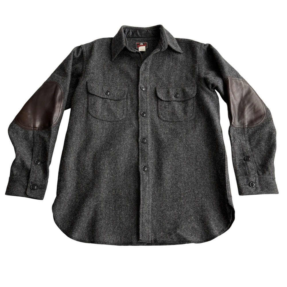 Johnson Woolen Mills Vermont USA EUC Long Tail Button‎ Gray Herringbone Shirt M